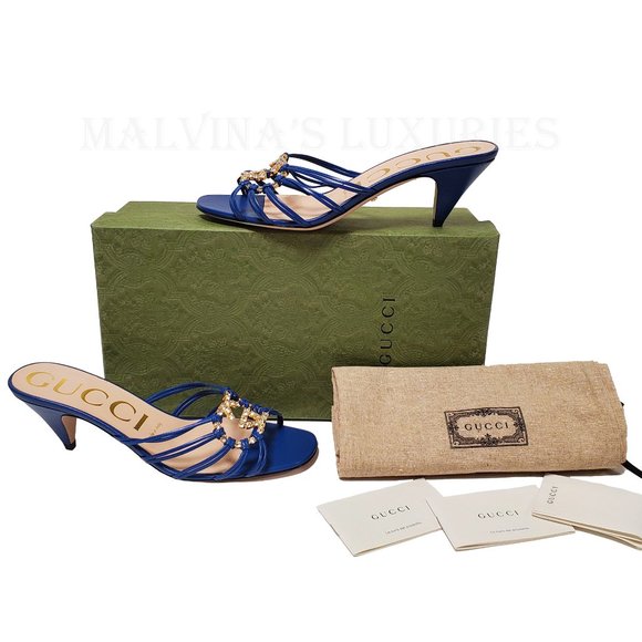 GUCCI SHOES BLUE LEATHER STRAPPY SANDALS CRYSTAL INTERLOCKING LOGO 38 8 US - Picture 2 of 15